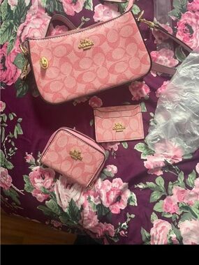 Coach Pink Signature Crossbody with Matching Card Case & Coin Pouch